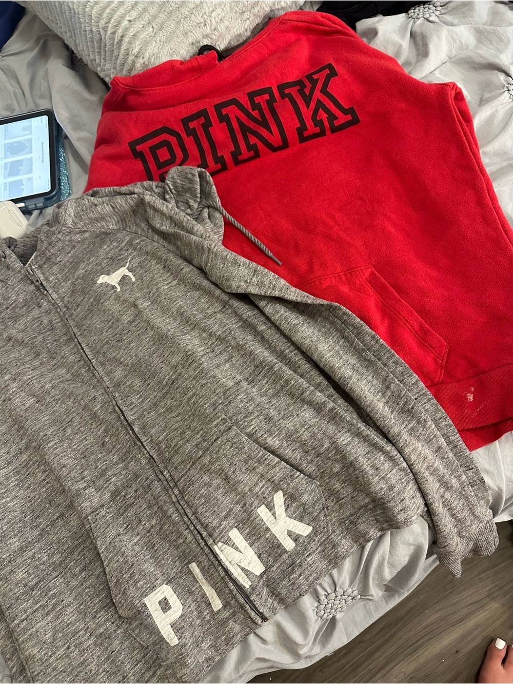 PINK Victoria's Secret Red Pullover & Gray Zip Hoodie Set